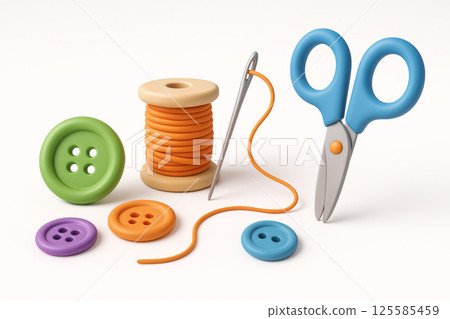 Sewing Supplies with Colorful Buttons, Thread, Needle, and Scissors Art. Concept of Crafting Essentials, Textile Work, Creative Projects, Home Sewing, and DIY Enthusiasts. Isolated on white background 125585459