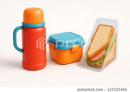 Colorful lunch concept with sandwich and thermos set against simple background. concept of meal prep, on-the-go lunch solutions, convenient packed meals. Isolated on white background Colorful lunch concept with sandwich and thermos set against simple background. concept of meal prep, on-the-go lunch solutions, convenient packed meals. Isolated on white background 125585466