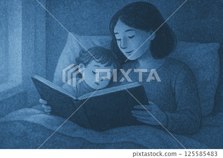 Illustration of a Caucasian Mother Reading a Book to Her Child in Bed. Concept of Family Bonding, Bedtime Stories, and Maternal Love in a Calming Atmosphere. 125585483