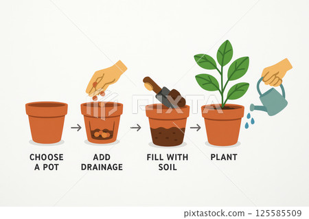 Simple Guide to Potting an Indoor Plant: Step-by-Step Instructions for Choosing a Pot, Adding Drainage, Filling with Soil, and Planting. Isolated on white background 125585509