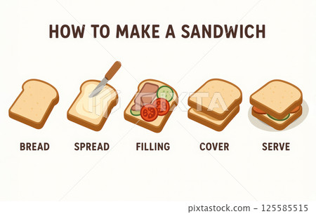 Simple Guide to Making Sandwiches with Steps Including Bread, Spread, Filling, Cover, and Serve. Concept of Easy Cooking, Homemade Lunch, Quick Meal, Step-by-Step Preparation. white background 125585515