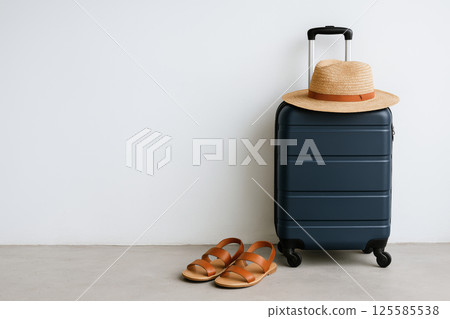 Suitcase with Straw Hat and Sandals Represents Summer Travels and Vacation Planning in Minimalist Style. Copy space 125585538