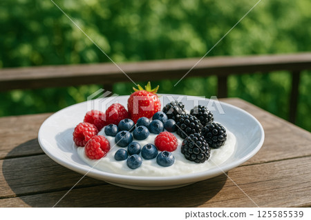 Fresh Berries and Yogurt Composition on Wooden Table in Garden Setting. Concept of Healthy Eating, Summer Snack, Wholesome Breakfast, Fresh Produce, Simple Delight 125585539