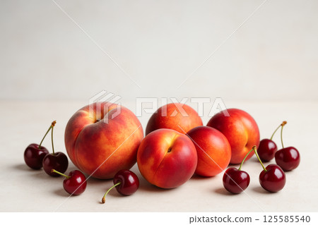 Fresh Peaches and Cherries on a Minimalistic Light Background, Simple Composition with Vibrant Colors and Natural Beauty. Copy space 125585540