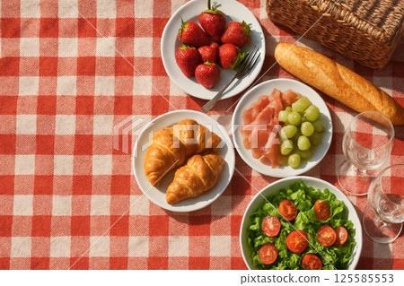 Picnic Setting with Fresh Strawberries, Croissants, Salad, and Grapes on a Rustic Checkered Blanket. Concept of Outdoor Dining, Fresh Produce, Summer Vibes, Relaxation. Copy space 125585553
