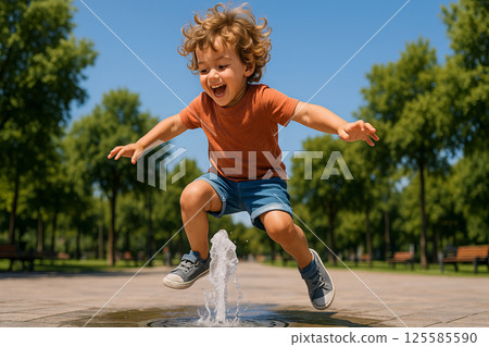 Joyful Caucasian Boy Splashing in a Park Fountain on a Sunny Day, Embracing Playful Adventure and Happiness Outdoors Joyful Caucasian Boy Splashing in a Park Fountain on a Sunny Day, Embracing Playful Adventure and Happiness Outdoors 125585590