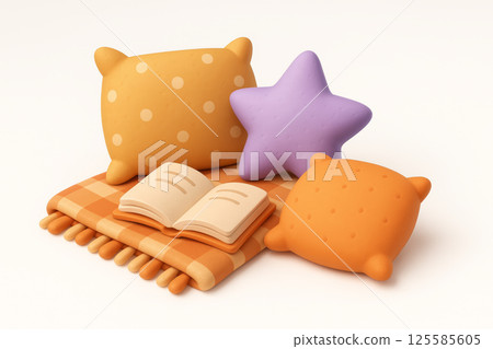 Cozy Spot with Open Book and Cushions on Checked Blanket, Simple Composition. Relaxing Concept, Reading, Home Comfort, Relaxation, Quiet Moment, Restful Atmosphere. Isolated on white background 125585605