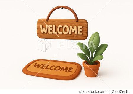 3D cartoon illustration of welcome signboard, doormat and potted plant on white background. Concept of home entrance decor, cozy hospitality, friendly greeting, front door decoration 125585613