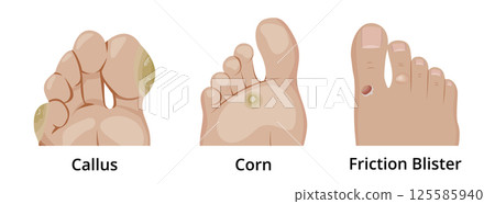 Callus, corn and friction blister affecting human foot skin 125585940
