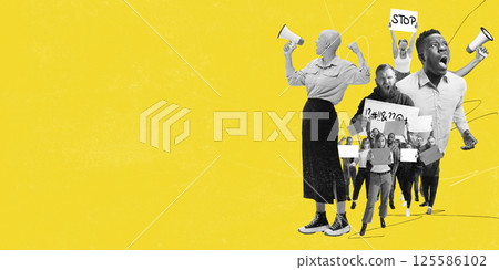 Multiracial group shouting with megaphones during protest, holding placards and demanding justice on yellow background. Multiracial group shouting with megaphones during protest, holding placards and demanding justice on yellow background. 125586102