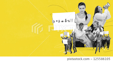 Group of people with signs shouting during protest on bright yellow background. Anger and demand for change. Conceptual design. 125586105