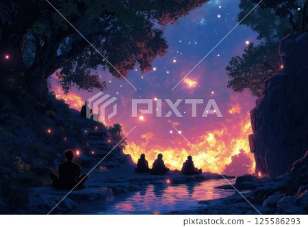 Stargazers observing a vibrant night sky by a serene waterfall 125586293