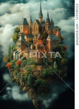 Floating castle amidst clouds showcases enchanting architecture Floating castle amidst clouds showcases enchanting architecture 125586312