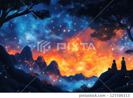 Stargazers admire cosmic colors over distant mountains Stargazers admire cosmic colors over distant mountains 125586313