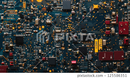 a densely packed electronic circuit board featuring various microchips, resistors, capacitors 125586351