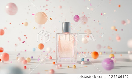 A clear perfume bottle with pink liquid and glitter stands centered on a white surface surrounded by floating pastel spheres 125586352