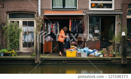 A woman in an orange jacket shops for secondhand clothes at a canal-side thrift store with racks A woman in an orange jacket shops for secondhand clothes at a canal-side thrift store with racks 125586373