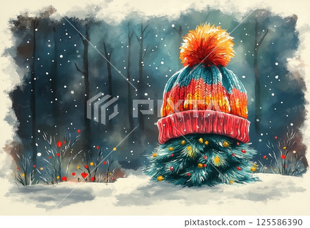 A festive Christmas Tree Wearing a Cozy Knitted Hat. 125586390