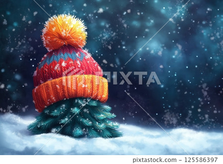 A festive Christmas Tree Wearing a Cozy Knitted Hat. 125586397