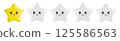 3d cartoon one happy bright yellow smiling star and four sad grey dull frowning stars. Customer rating of poor quality and negative feedback. Negative reviews. Vector illustration of 3d render. 125586563