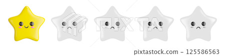 3d cartoon one happy bright yellow smiling star and four sad grey dull frowning stars. Customer rating of poor quality and negative feedback. Negative reviews. Vector illustration of 3d render. 3d cartoon one happy bright yellow smiling star and four sad grey dull frowning stars. Customer rating of poor quality and negative feedback. Negative reviews. Vector illustration of 3d render. 125586563