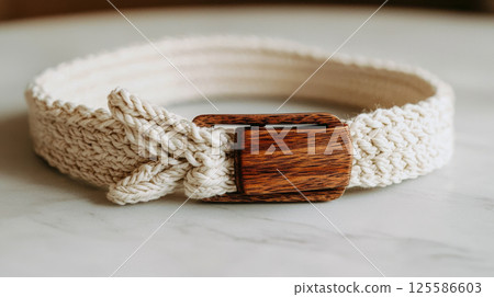 Eco-friendly handmade belt made from organic fabric with natural wooden buckle. Concept of sustainable fashion, handcrafted accessories, boho style, minimalist wardrobe 125586603
