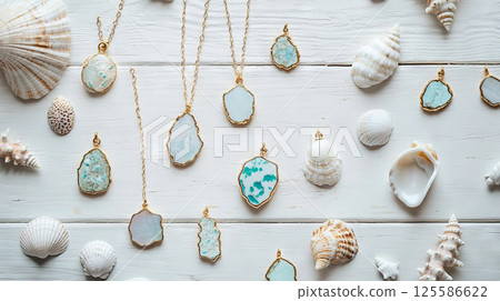Handmade gemstone pendants with gold frames and seashells on rustic white wooden background. Concept of natural jewelry, boho style, beach accessories, handmade craftsmanship, coastal fashion Handmade gemstone pendants with gold frames and seashells on rustic white wooden background. Concept of natural jewelry, boho style, beach accessories, handmade craftsmanship, coastal fashion 125586622