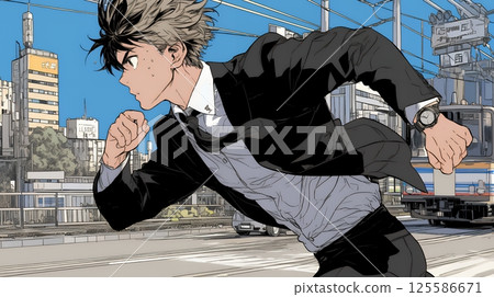 A young man running madly because he's going to be late 125586671