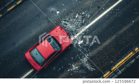 Red car crash on wet asphalt road with shattered glass and debris. Concept of traffic accident, road safety, emergency, dangerous driving conditions, vehicle collision Red car crash on wet asphalt road with shattered glass and debris. Concept of traffic accident, road safety, emergency, dangerous driving conditions, vehicle collision 125586672