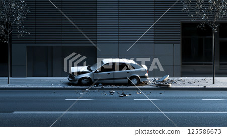 Abandoned damaged car on empty urban street with scattered debris. Concept of accident aftermath, vehicle destruction, city loneliness, urban decay, mystery scene, Car accident Abandoned damaged car on empty urban street with scattered debris. Concept of accident aftermath, vehicle destruction, city loneliness, urban decay, mystery scene, Car accident 125586673