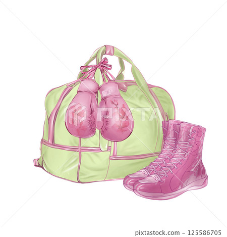 women's sports bag green and yellow, boxing gloves pink with flowers, sneakers for sports pink, sports set, individual illustrations in high quality, for design of sports goods 125586705