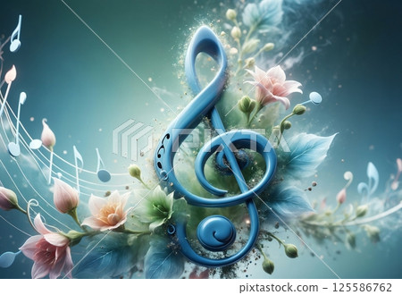 abstract blue music background with musical treble clef and flowers 125586762