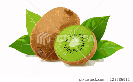 A high-quality digital illustration of fresh kiwi fruits, showing one whole and one sliced in half. The vibrant green flesh and brown fuzzy skin are detailed with rich textures and natural lighting, A high-quality digital illustration of fresh kiwi fruits, showing one whole and one sliced in half. The vibrant green flesh and brown fuzzy skin are detailed with rich textures and natural lighting, 125586911