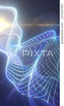 A high-tech wireframe mesh glowing with neon blue and white light, creating a digital futuristic atmosphere abstract background 125587067