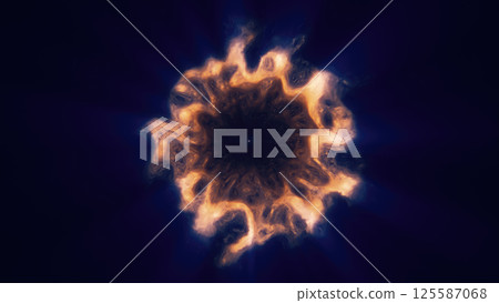 A fiery, orange glowing sphere with dynamic edges, radiating light and energy on a dark background, symbolizing intensity and strength 125587068