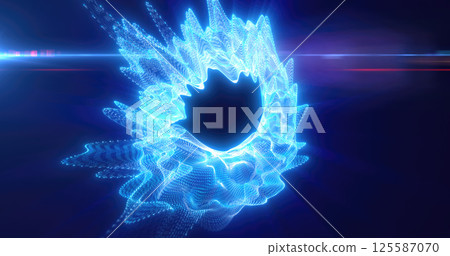 A light burst creating an abstract swirl of blue color with bright digital points and a dark center 125587070
