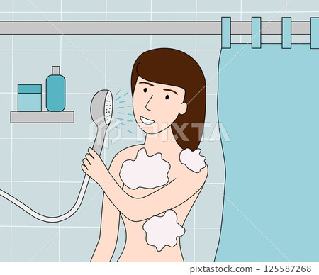 Woman taking a shower and covering herself with soap foam 125587268