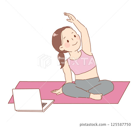 一個女人在看電腦的同時演奏瑜伽 125587750