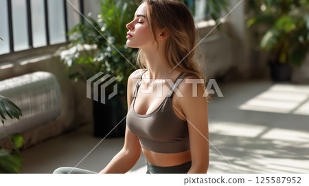 A young woman practices mindful breathing in a sunny room 125587952