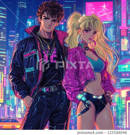 Retro 80s Couple Dancing Under Disco Ball in Neon Club  AI Generated Retro 80s Couple Dancing Under Disco Ball in Neon Club  AI Generated 125588046