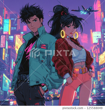 Retro 80s Couple Dancing Under Disco Ball in Neon Club  AI Generated 125588049