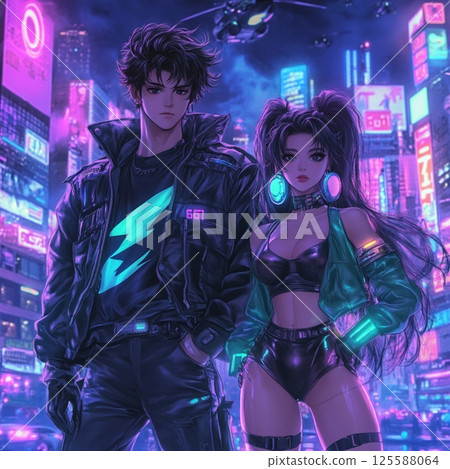 Retro 80s Couple Dancing Under Disco Ball in Neon Club  AI Generated 125588064