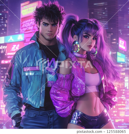 Retro 80s Couple Dancing Under Disco Ball in Neon Club  AI Generated 125588065