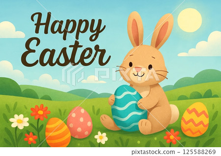 Joyful Easter Celebration with Cute Bunny Holding Colorful Eggs in a Sunny Field. Happy Easter Greeting Card. Concept of Festive Spring Holiday, Whimsical Art, Happiness, Nature's Beauty, Playful Fun Joyful Easter Celebration with Cute Bunny Holding Colorful Eggs in a Sunny Field. Happy Easter Greeting Card. Concept of Festive Spring Holiday, Whimsical Art, Happiness, Nature's Beauty, Playful Fun 125588269