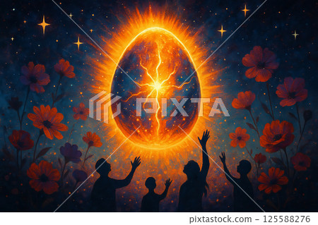 Cosmic Easter Rebirth Theme with Glowing Egg and Silhouette of People Reaching Towards Sky Amidst Flowers. Concept of New Beginnings, Spiritual Awakening, Mystical Connection 125588276