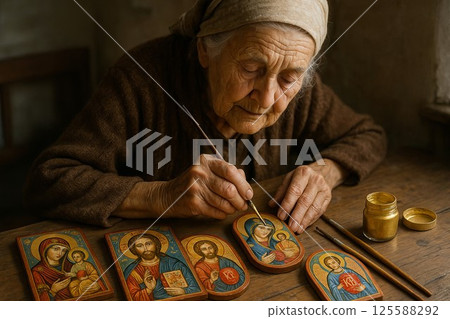Elderly woman painting traditional Orthodox Easter icons on wooden panels with gold paint and brushes. Concept of religious art, cultural heritage, spiritual devotion, peaceful tradition 125588292