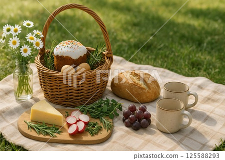 Easter Picnic Spread with Basket of Eggs and Bread on a Plaid Blanket in a Sunny Park. Concept of Spring Celebration, Outdoor Dining, Festive Meal, Nature Enjoyment, Seasonal Gathering 125588293