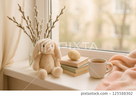 Cozy Easter Nook with Plush Bunny, Painted Egg, and Warm Drink by Window. Concept of Spring, Comfort, Holiday Decor, Peaceful Home Setting. 125588302