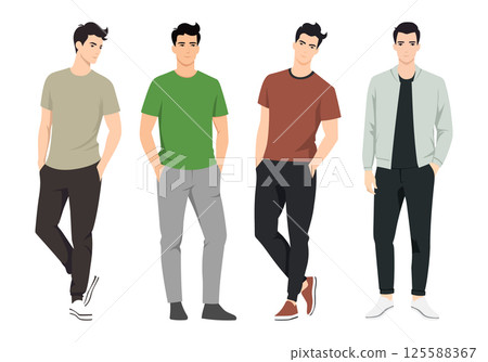 Men s Outfit Collection. A diverse illustration set featuring men in different fashionable outfits, from everyday casual wear to stylish business attire. 125588367