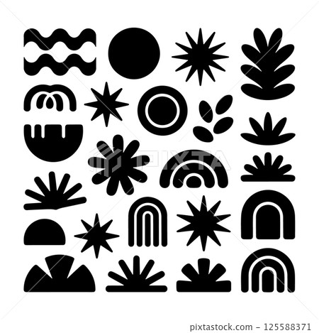 Abstract Nature Motif Modern Boho. An abstract black shape combining natural motifs like sunbursts, plants, hills, rainbows, and waves, designed in a modern boho aesthetic. 125588371